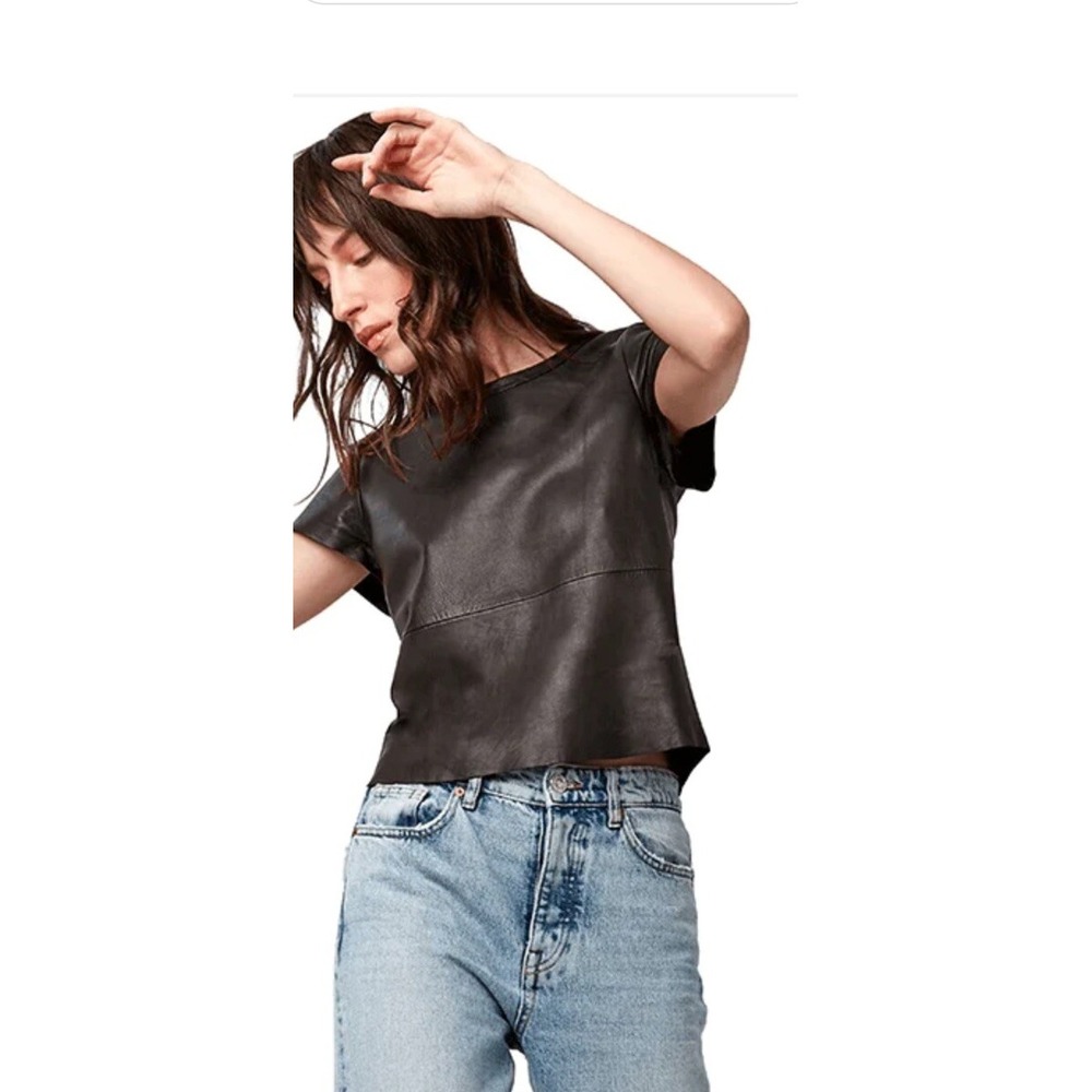 AS By DF Black Leather Boxy Snap Button Peplum Top Short Sleeve Medium